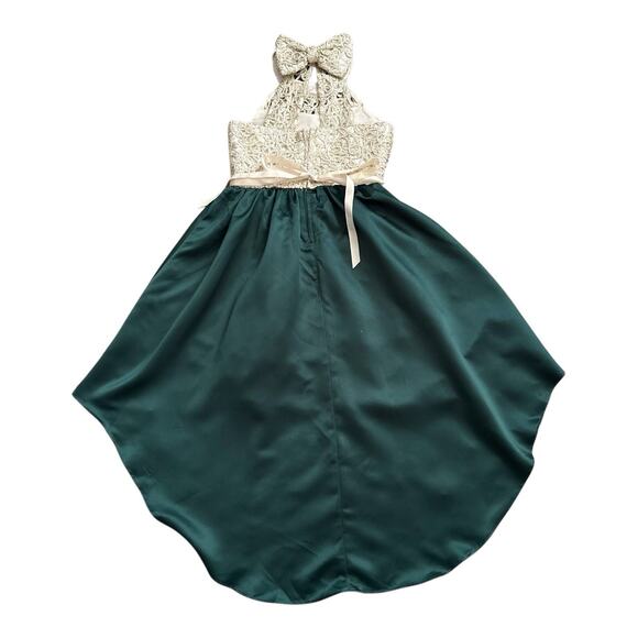 Rare Editions Girls Green Gold Lace Beaded High Low Formal Dress Size 10 - Picture 2 of 9